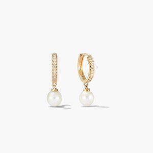 Mejuri Pavé Diamond Pearl Huggie Earrings – 14k Yellow Gold, Natural Diamonds,